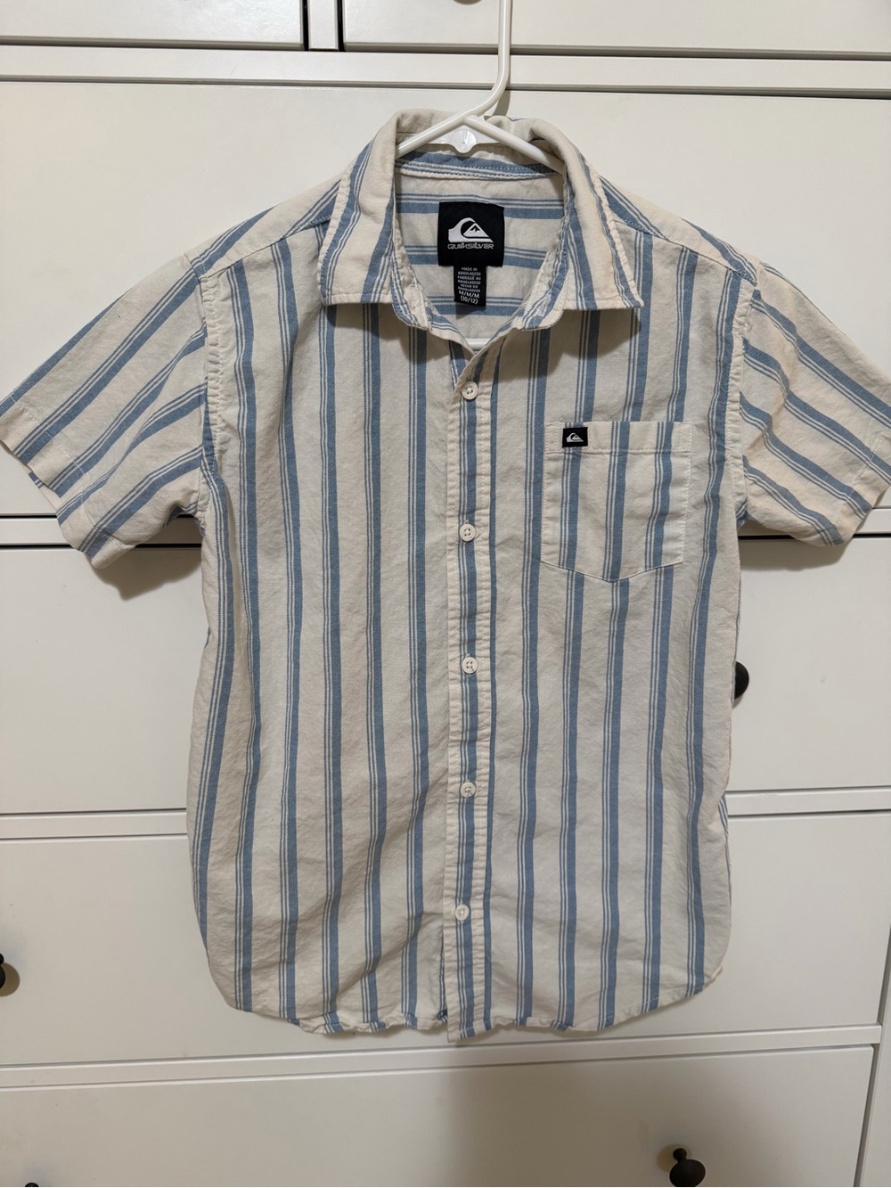 Quiksilver Boy’s Short-Sleeve Striped Button-Up Shirt - Cream & Blue